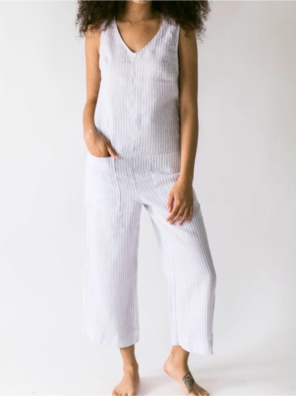SUUNDAY Light Blue Striped Linen Jumpsuit